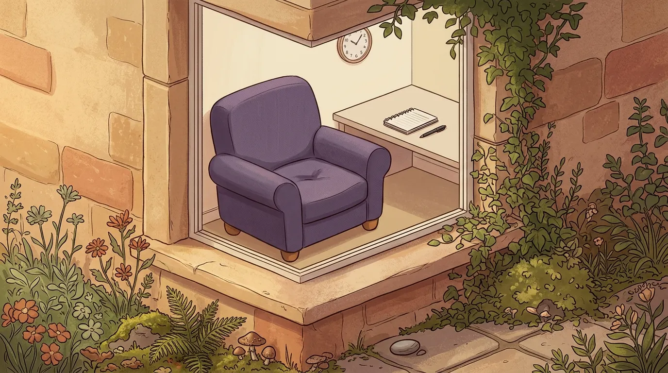 A lavender armchair seen through a stone window frame, with a desk, notepad and clock in the plain room behind