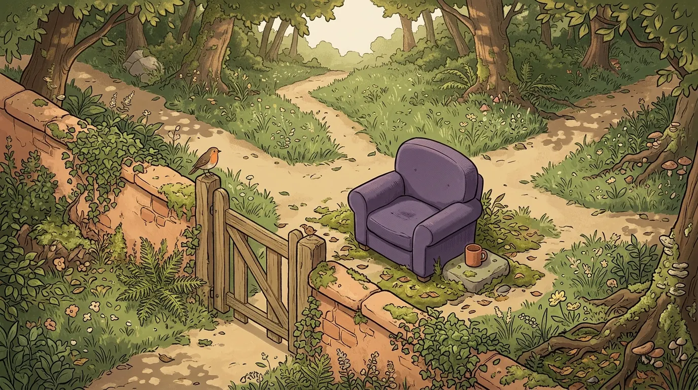 A garden gate standing open with no sign on it, and a chair a few steps inside