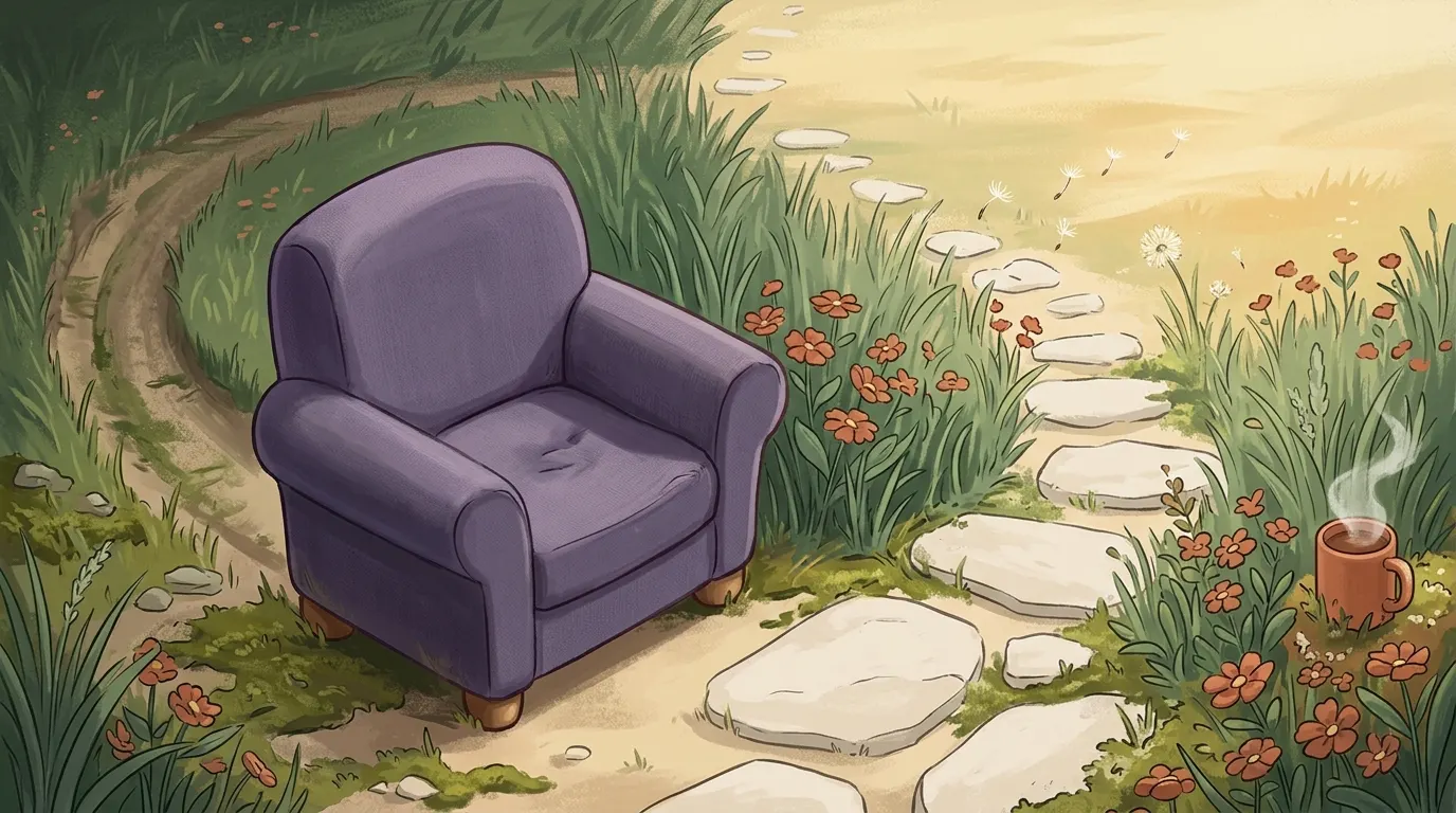 A lavender armchair beside the looping dirt path, with stepping stones leading off through flowers towards the open light