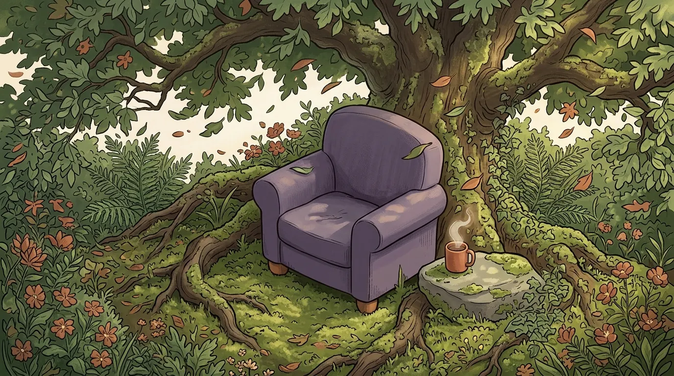 A sheltered garden seat under a great oak, private and unobserved, with the wind moving freely through the leaves