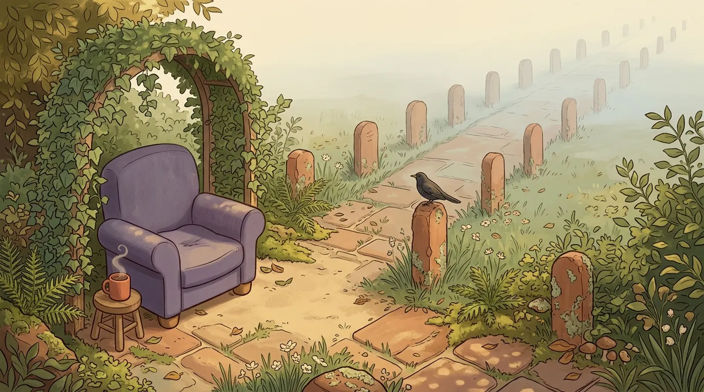 A bench beside a long garden path, with the far end lost in mist and a smaller path leading off to a sheltered clearing