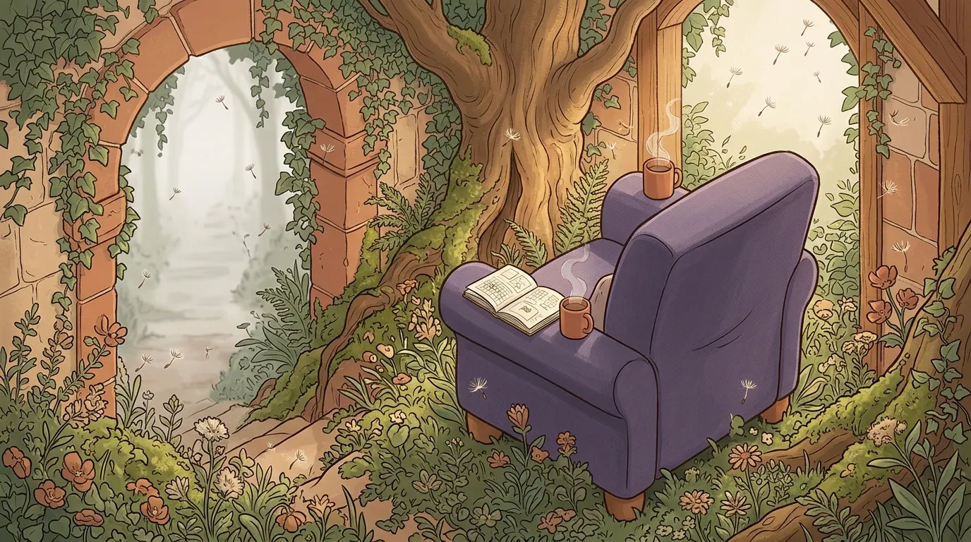 A lavender armchair under a tree with an open book and hot drink, a brick arch onto the misty path