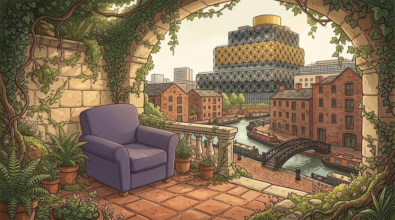 A purple chair on a planted canal-side terrace overlooking Birmingham Library, with its stacked geometric floors and circular metal facade