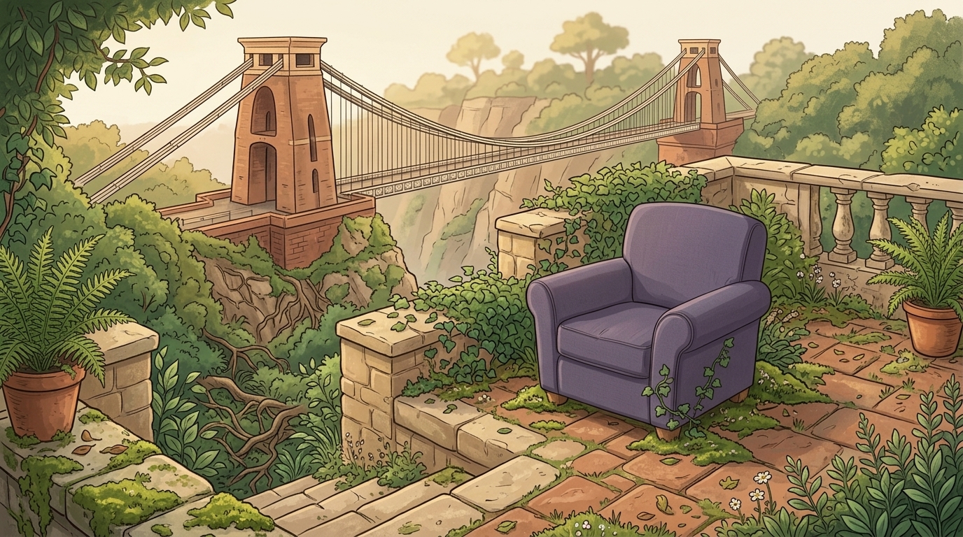 A purple chair on a lush stone garden terrace overlooking the Avon Gorge and Clifton Suspension Bridge, with both stone towers and suspension cables