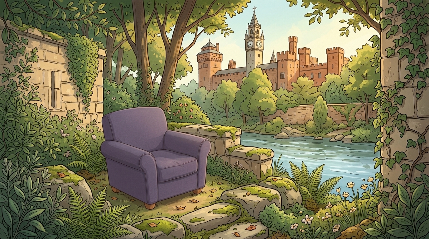 A lavender chair beside the River Taff, with Cardiff Castle beyond the trees