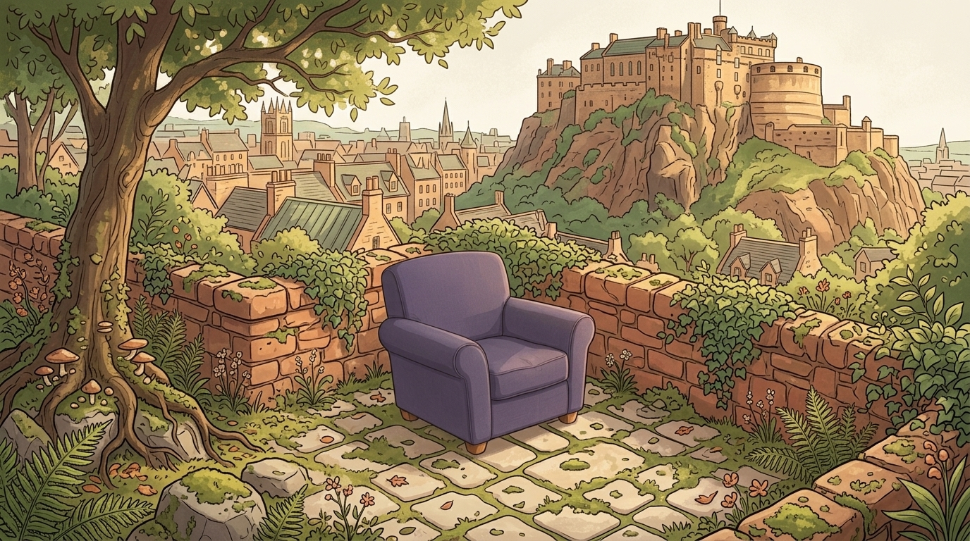 A lavender chair in a stone garden, with Edinburgh Castle on Castle Rock beyond