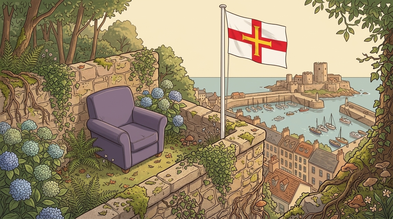 A granite garden terrace above St Peter Port harbour, looking out to Castle Cornet, with the Guernsey flag beside the chair