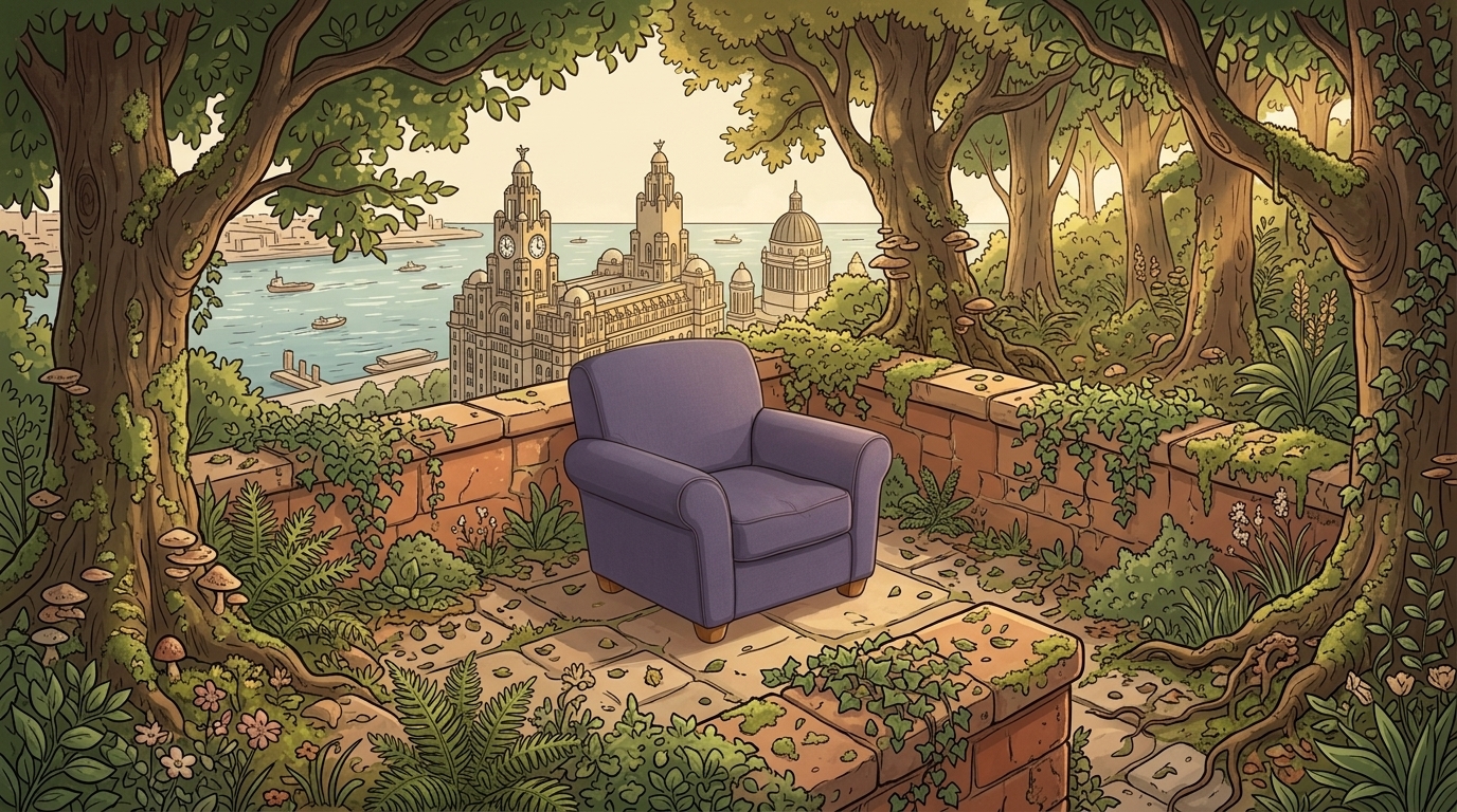 A purple chair on a planted stone garden terrace above Liverpool waterfront, facing the Three Graces and the Royal Liver Building clock towers