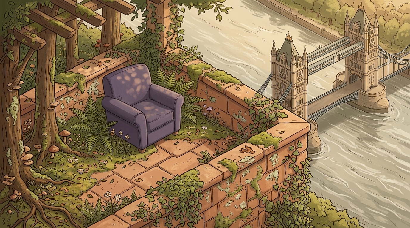 A purple chair on a riverside garden terrace overlooking the Thames and the two stone towers of Tower Bridge