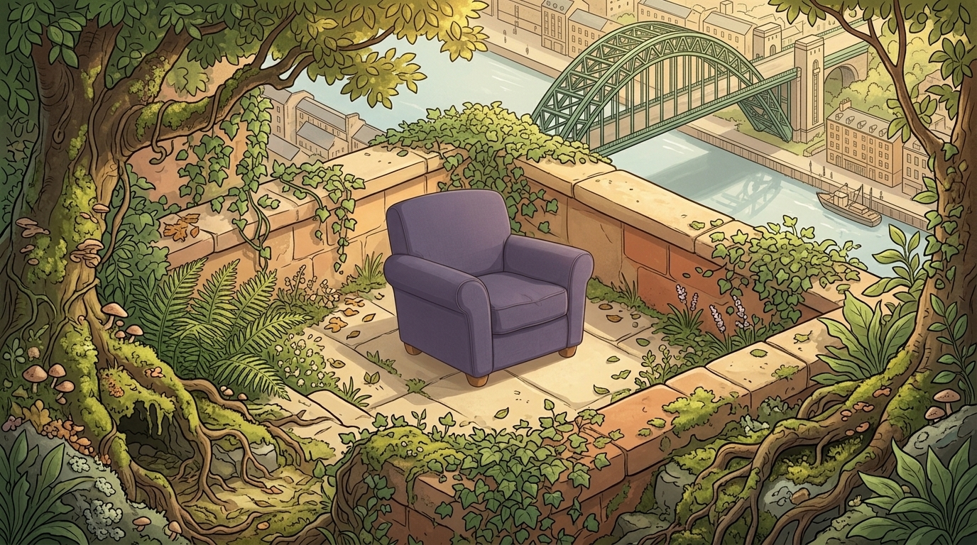 A purple chair on a lush sandstone garden terrace above the Newcastle Quayside, overlooking the Tyne Bridge and its green steel arch