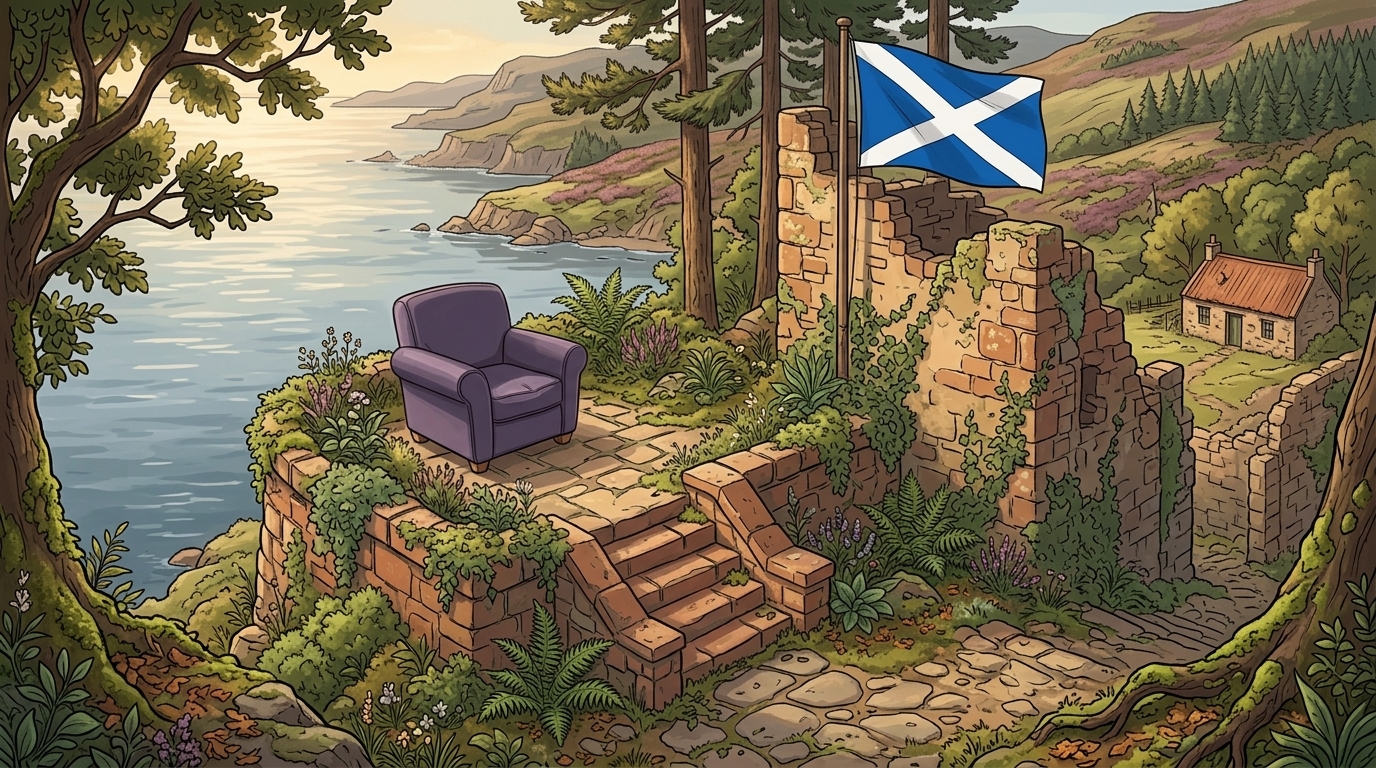 A lavender chair beside a Scottish loch, with a ruined castle and a saltire