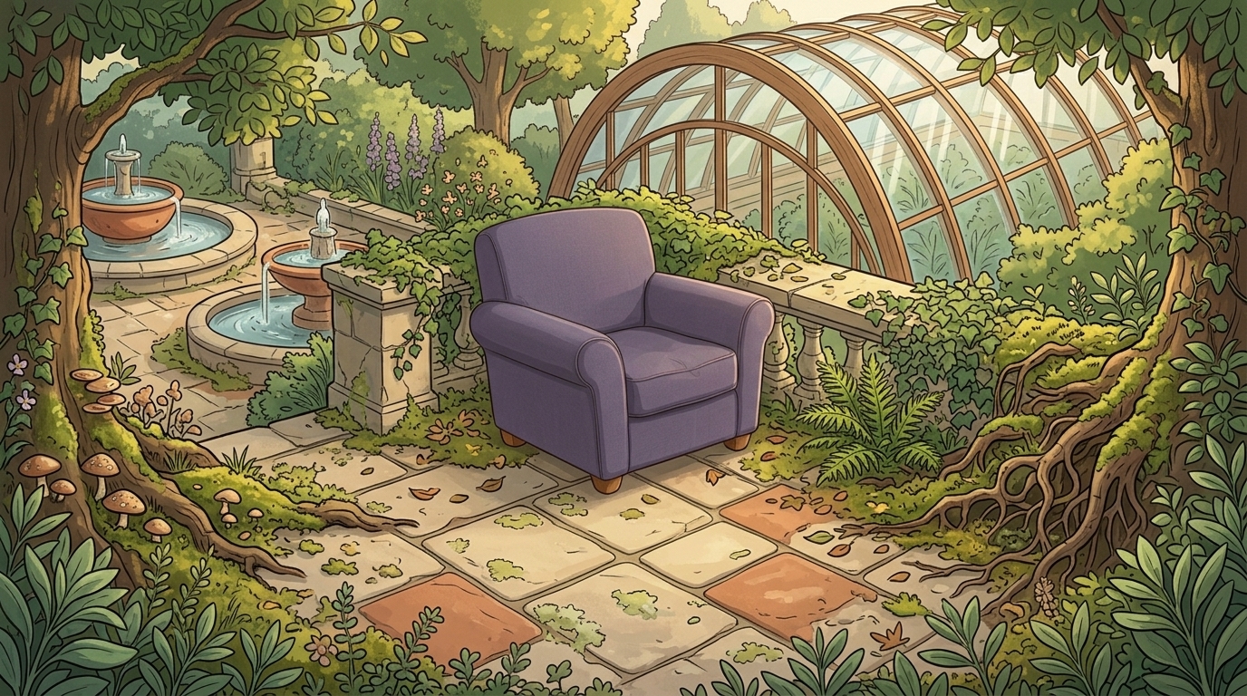 A purple chair on a lush garden terrace beside Sheffield Peace Gardens, with the curved glass roof of the Winter Garden and stone fountains