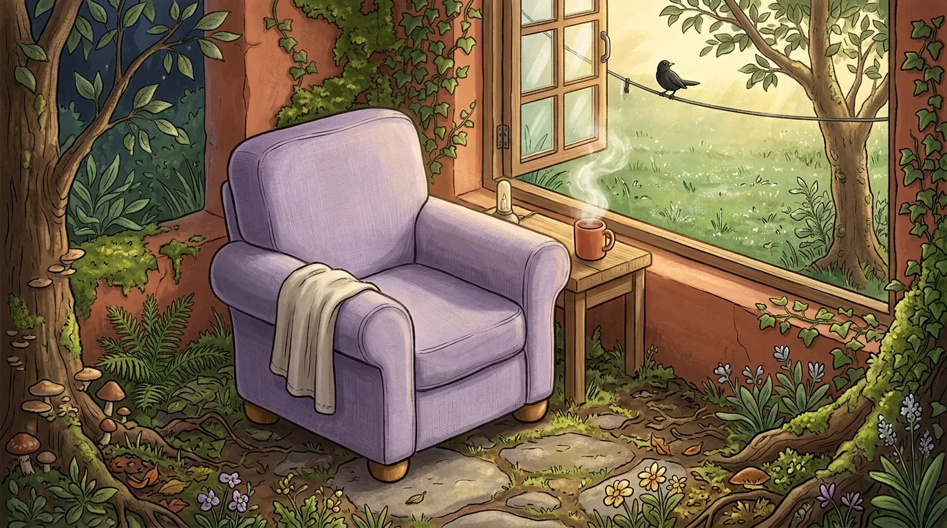 The same conservatory as the sun comes up, the window open to a dewy garden