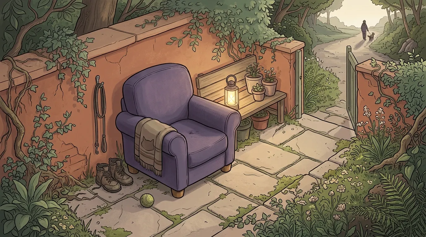 A garden bench at dusk with a dog lead and a folded blanket beside the chair