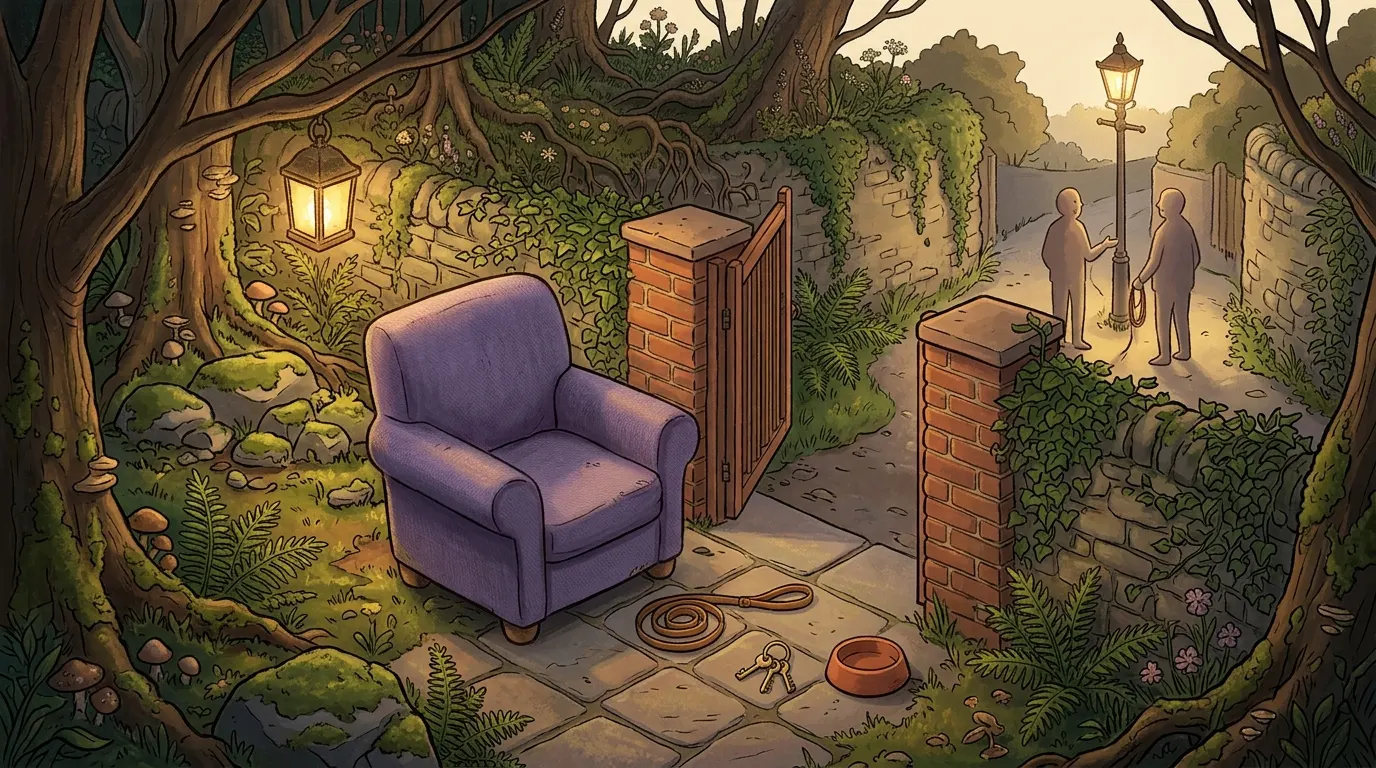 An open garden gate at dusk with two neighbours talking down the lane