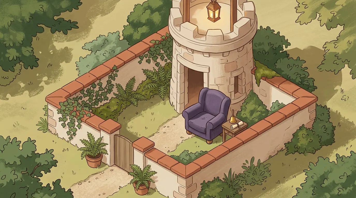 A stone watchtower with a lantern glowing over a walled garden