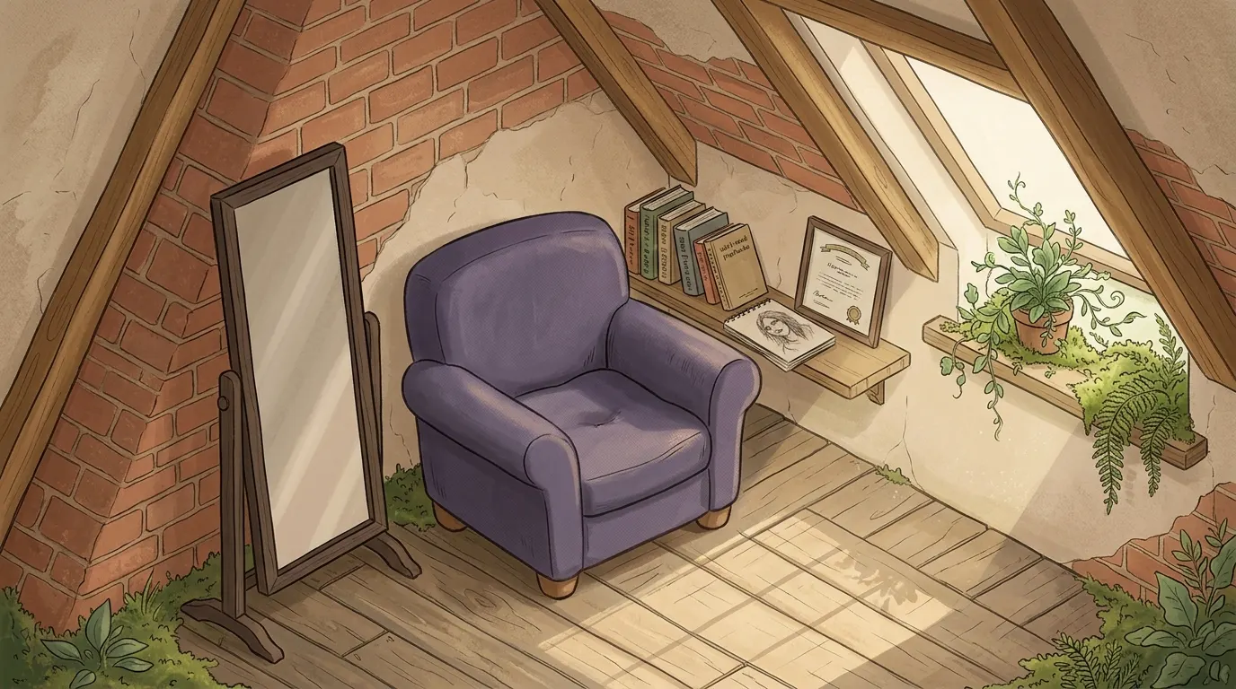 A small attic room with a lavender armchair beside a mirror turned to face the wall