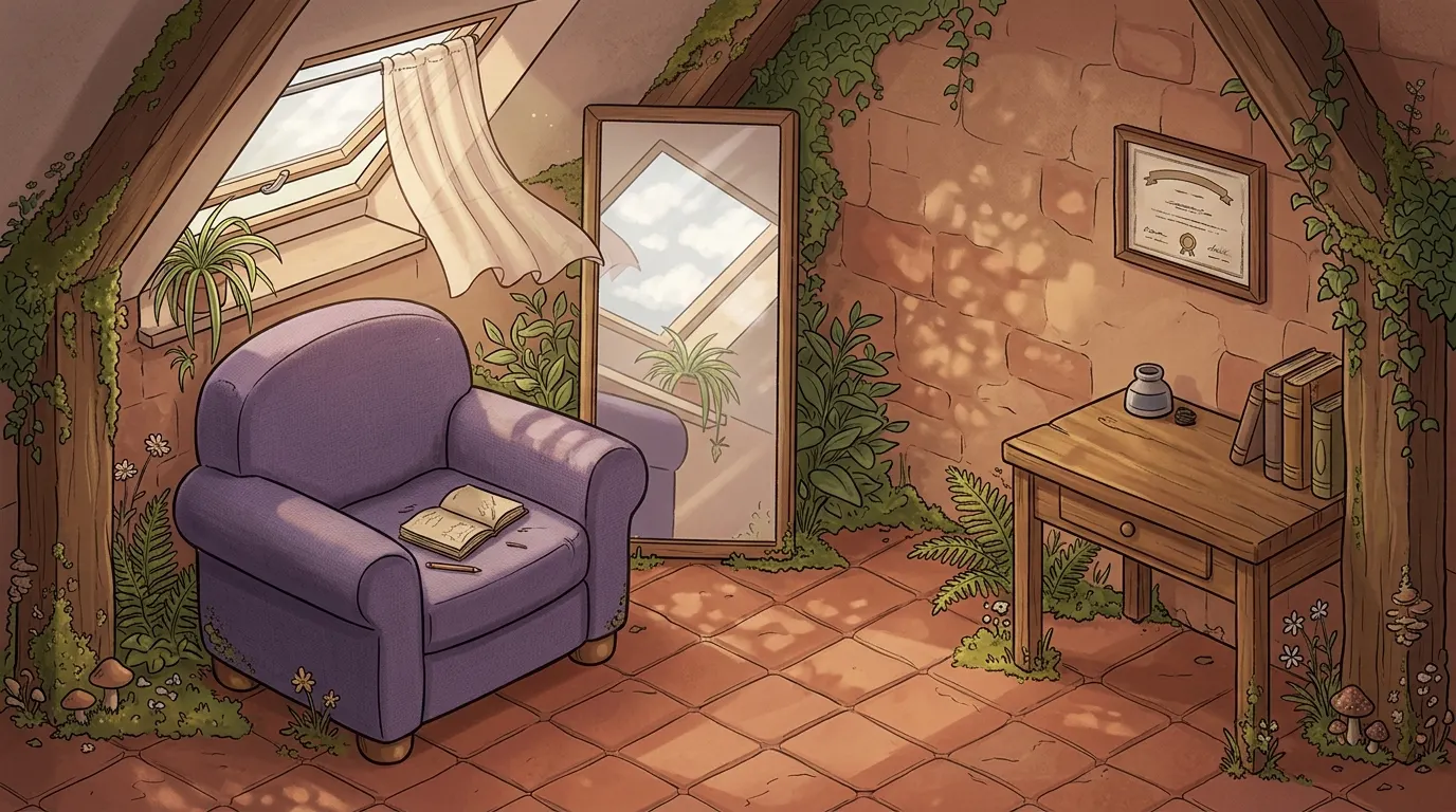 The same attic room with the mirror turned back and the window open