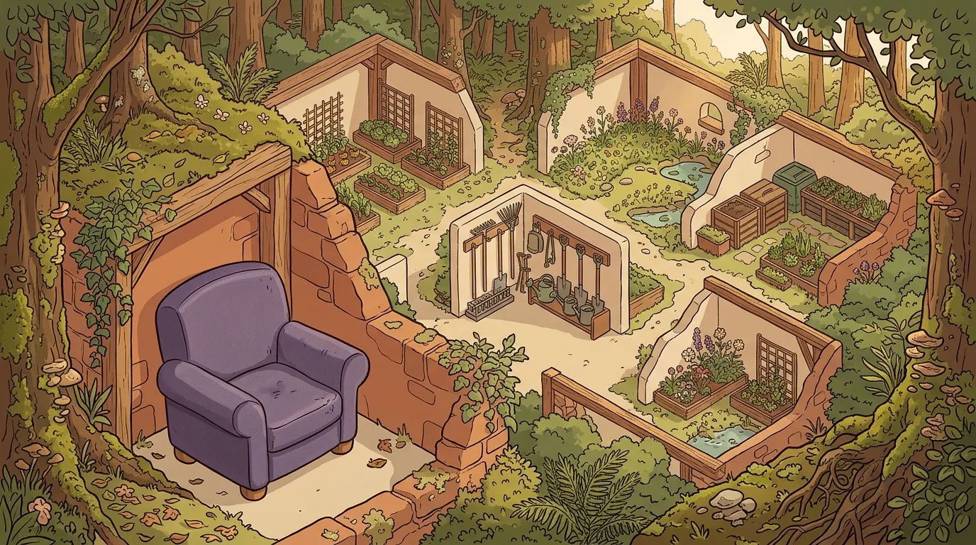 A warm community garden with many sheltered alcoves