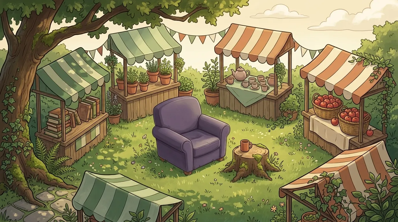 A village green with several small garden stalls under awnings, and a lavender armchair on the grass in the middle