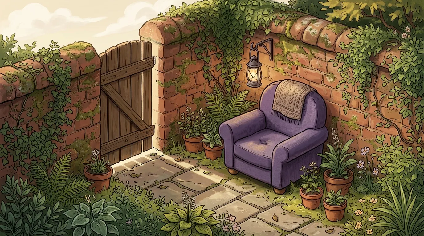 A sheltered garden corner behind a high wall, with a gate standing slightly open