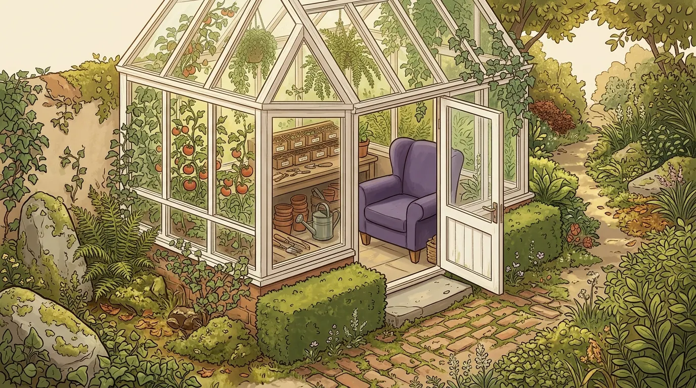 A small glasshouse with its door open, the chair inside beside a potting bench of labelled seed drawers