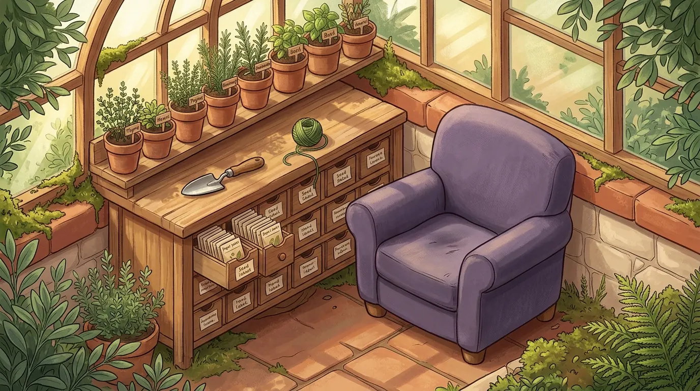 A row of small wooden seed drawers on a potting bench, each with a hand-written label, one drawer pulled open