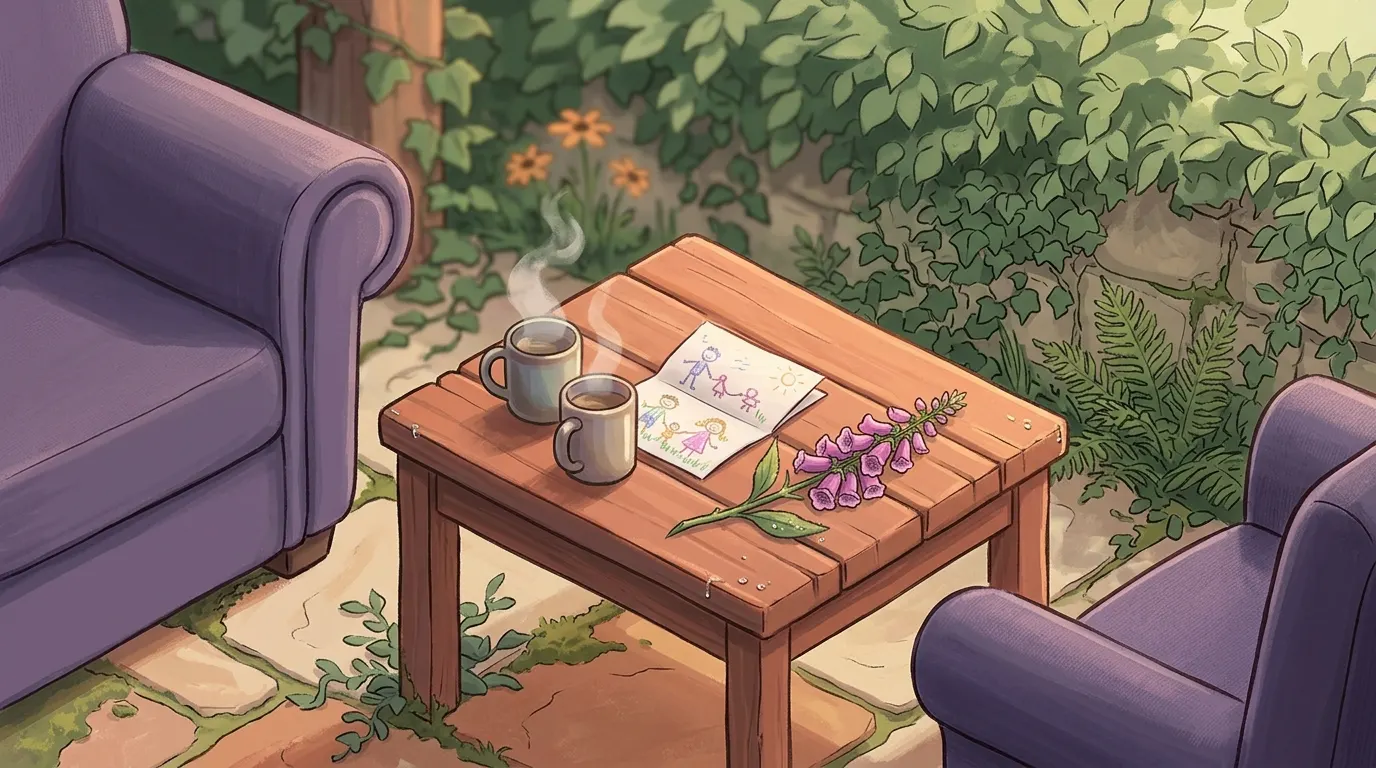 Two mugs of tea on a porch table beside a folded child's drawing