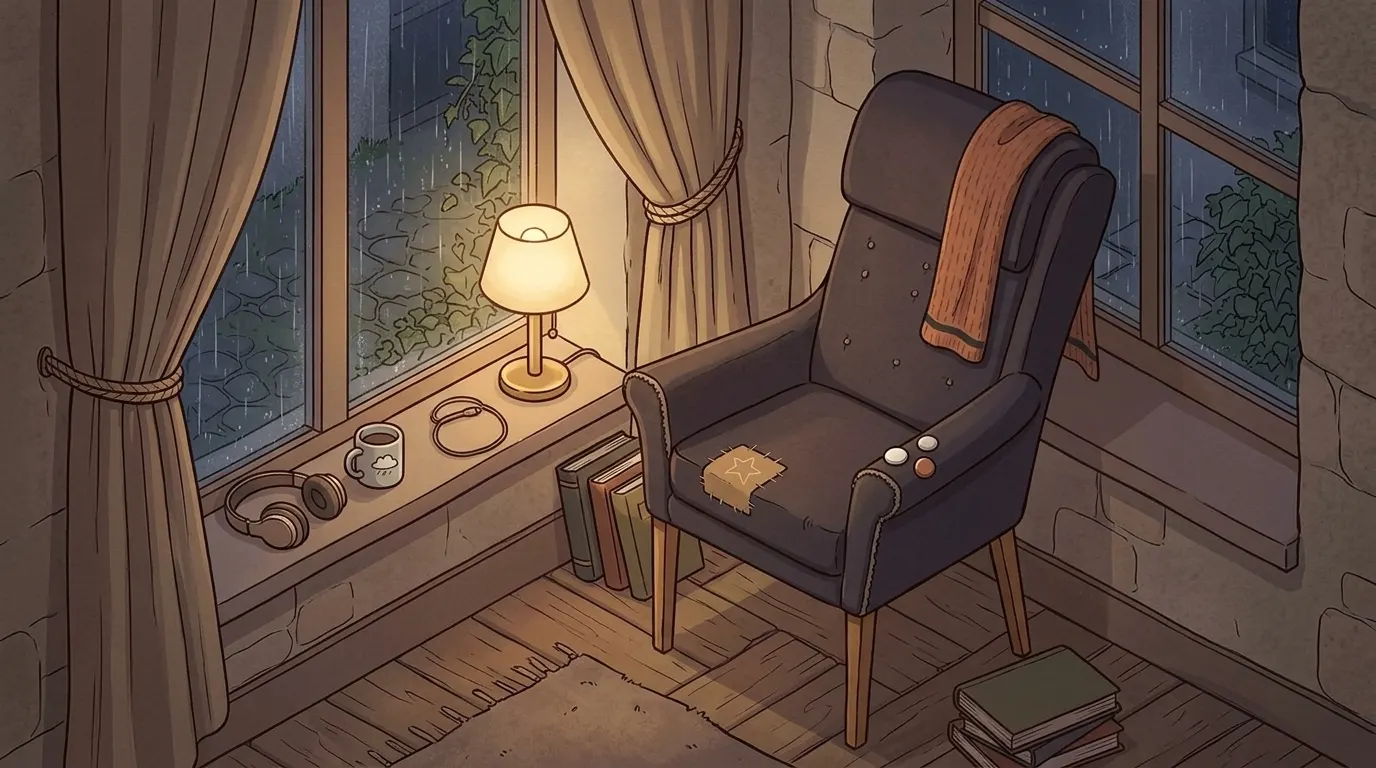 A chair with a scarf over its back by a window at night, the curtain tied back and a lamp left on