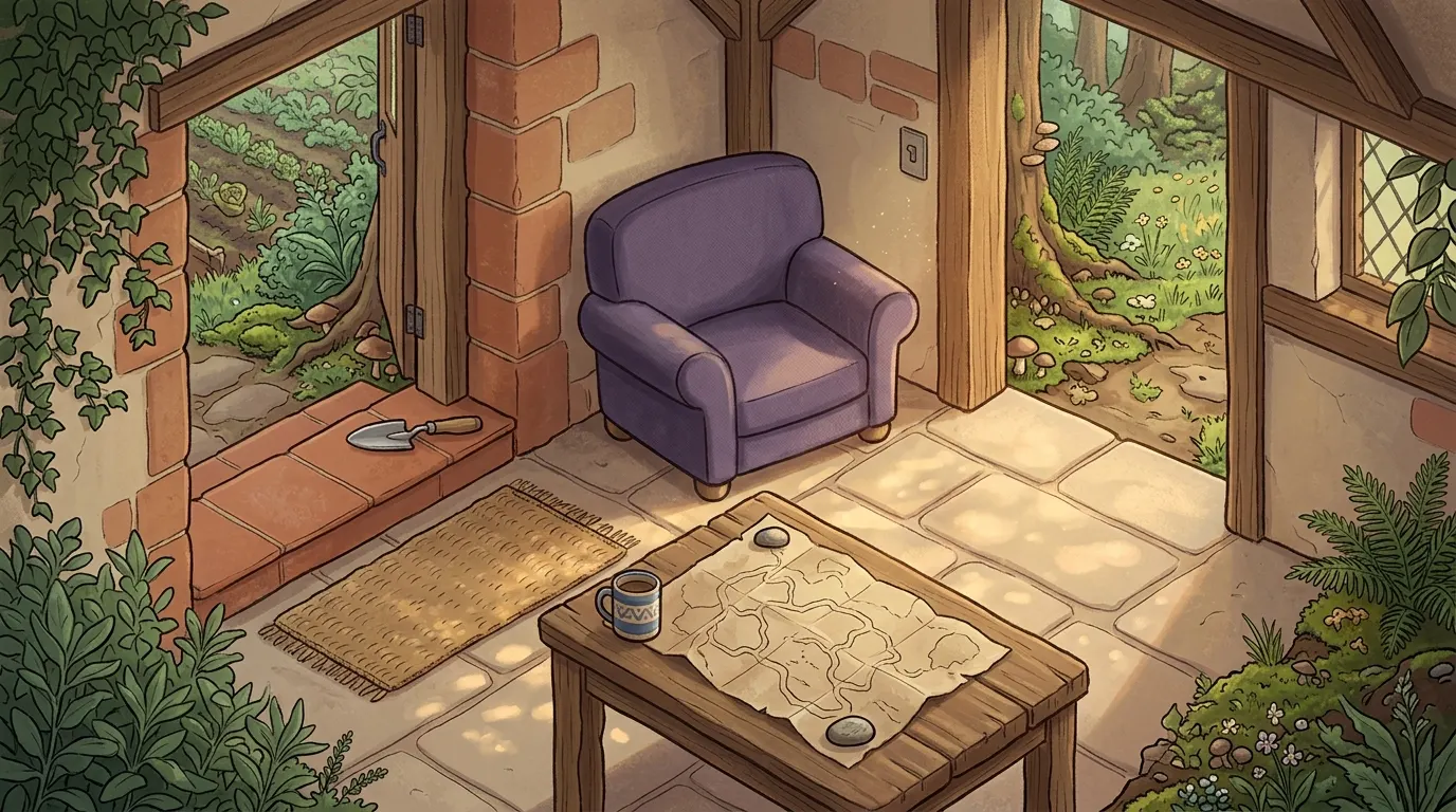 The same room in the afternoon, the map unfolded on the table and the back door open to the garden
